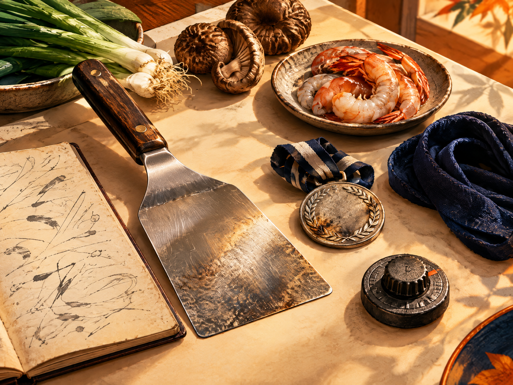 The inherited spatula, notebook, ingredients and medal from Yoko’s story