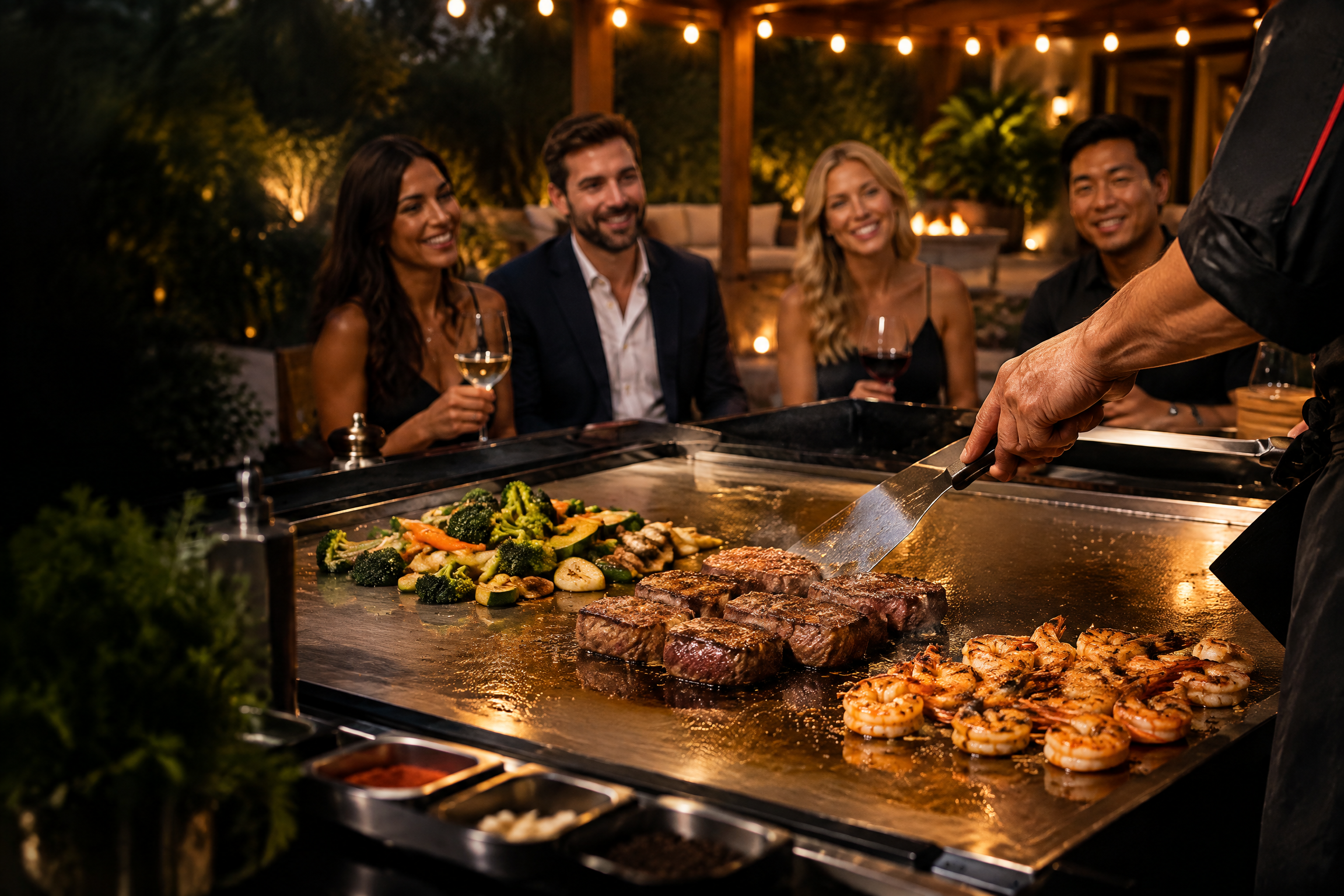 Fresh hibachi dinner cooking on a grill at a private event