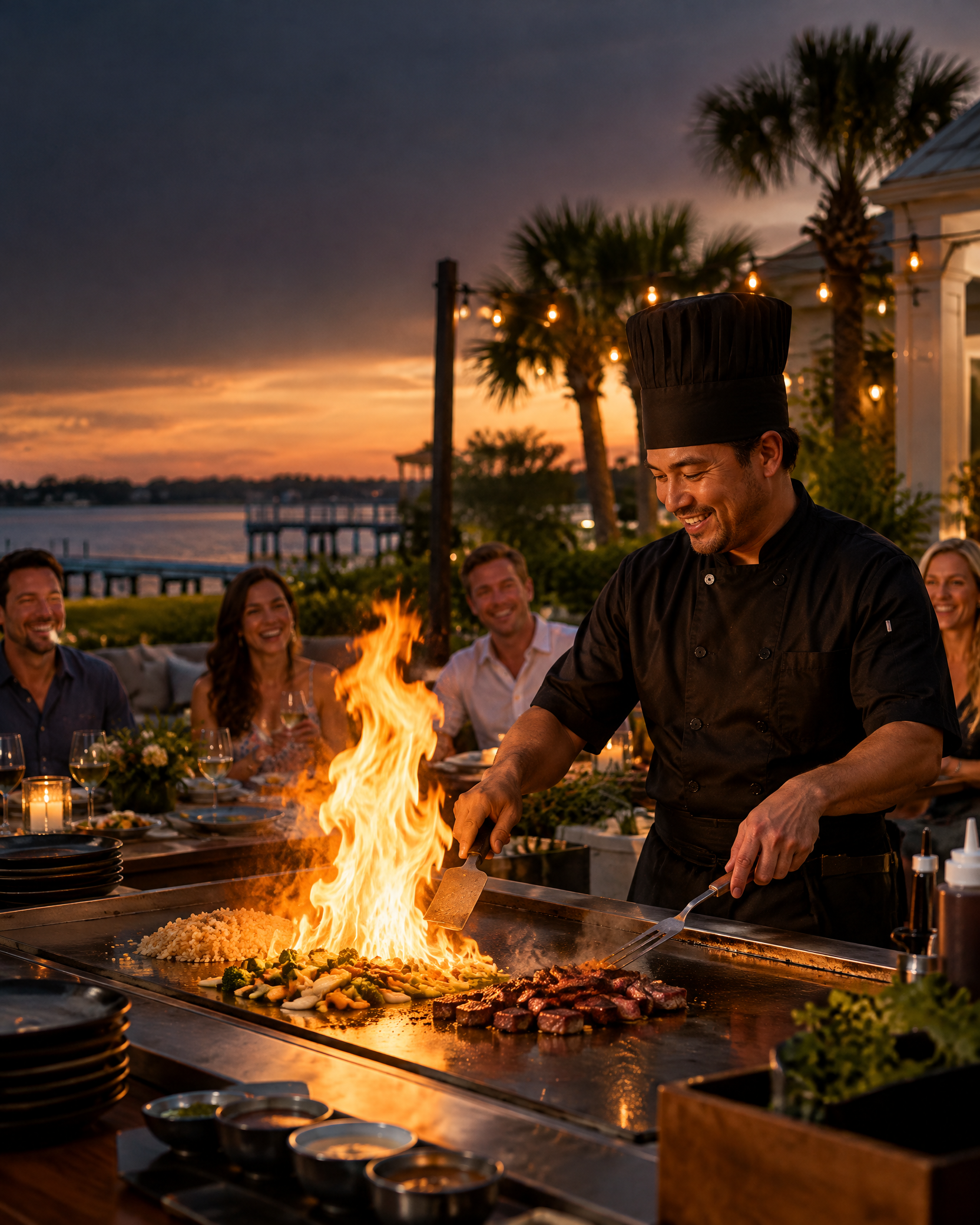 YOKOSO chef cooking outdoors for a private hibachi party
